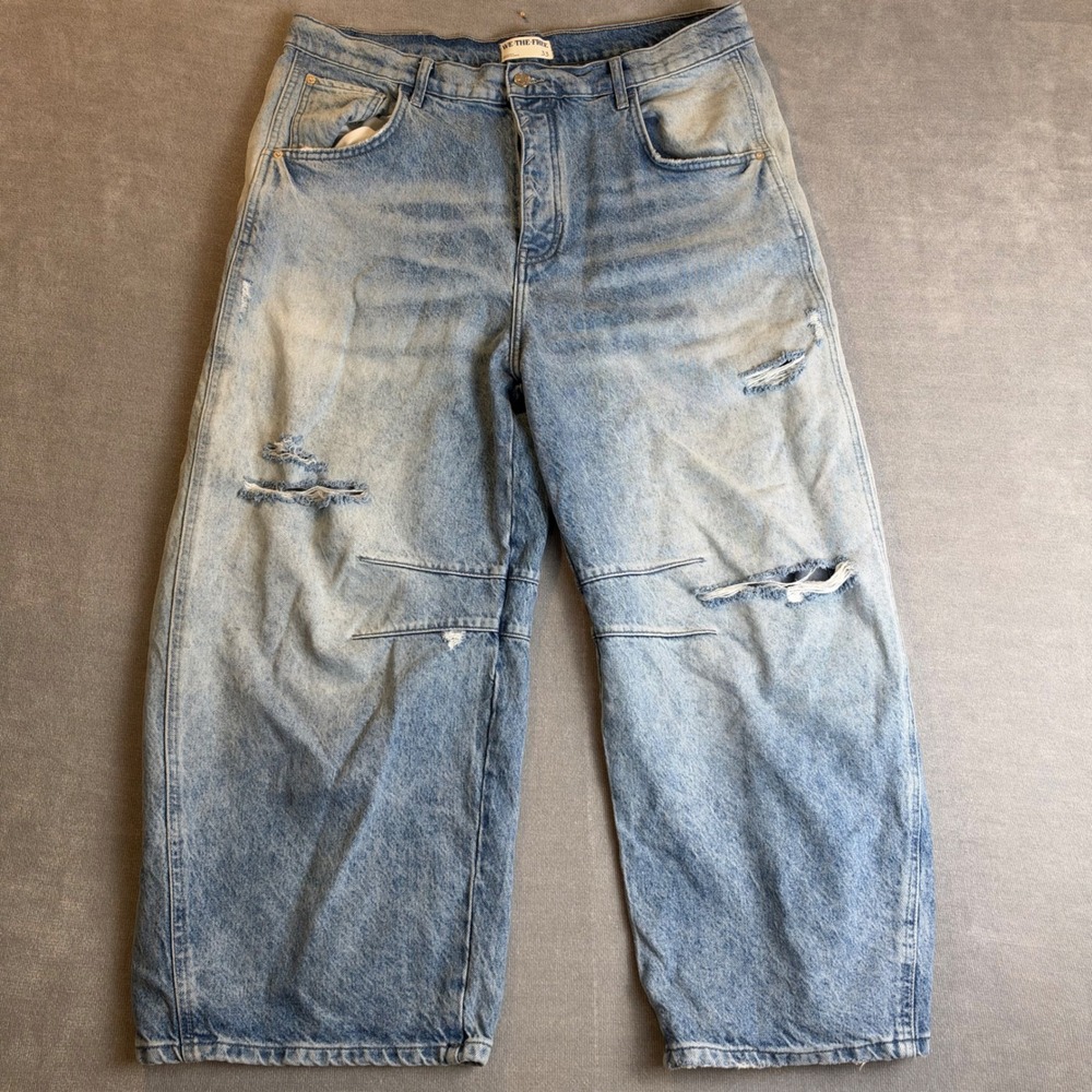 We The Free Free People Good Luck Mid Rise Barrel Distressed Jeans 33 Light Wash